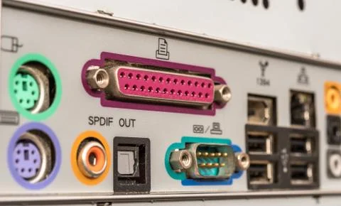Back panel connectors of a computer motherboard Stock Photos