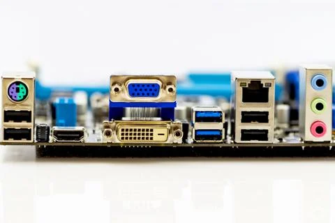 Back panel connectors of the modern computer motherboard Stock Photos