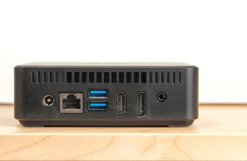 Back panel of micro computer showing connectors against white background Stock Photos