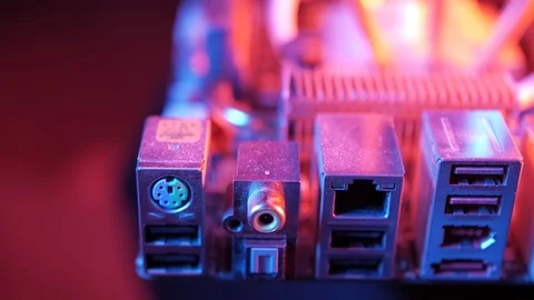 Back panel of the motherboard with USB, LAN, macro slider shot 库存影片 107004058