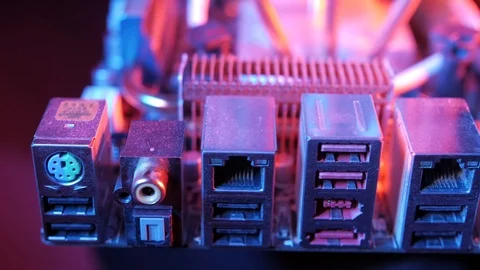 Back panel of the motherboard with USB, LAN, macro slider shot 動画素材 107004066