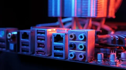Back panel of the motherboard with USB, LAN, macro slider shot Vidéo 107004218