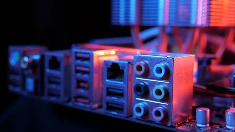 Back panel of the motherboard with USB, LAN, macro slider shot 库存影片 107004227