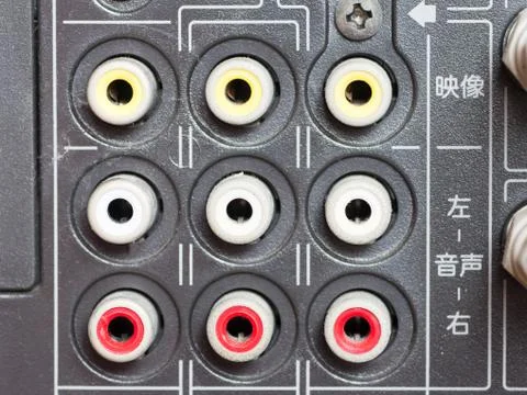 Back panel of a television, RCA sockets Stock Photos