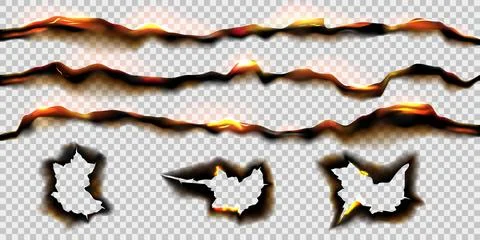 Back paper ashes. Burned pages. Retro broken sheets. Scorched scroll edges. Fire Illustrazione stock