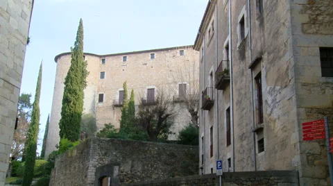 Back part of the Cathedral of Girona from narrow street with cypress Stock Footage 42178091