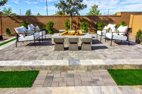 Back Patio Conversation Area With Fire Pit Stock Photos