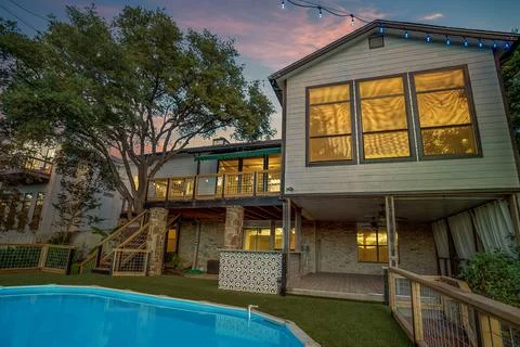 A back patio at sunset Stock Photos