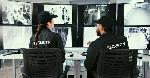 Back, people and security guard in control room for video surveillance Stock Photos