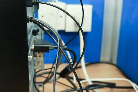 The back of a personal computer full of ports Stock Photos