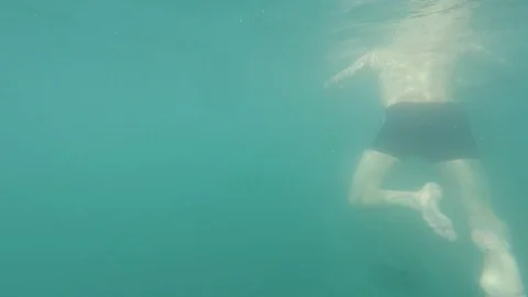 Back point of view young man swimming in the ocean POV Vacation Summertime Stock Footage 92688487
