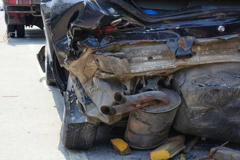 Back rear destroyed car exhausting pipe Stock Photos