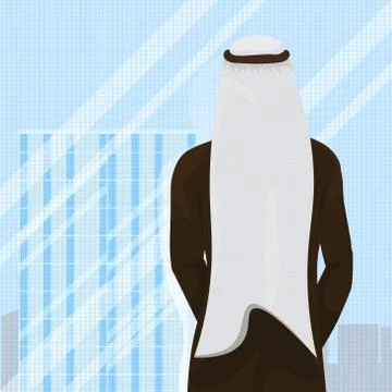 Back Rear View Of Arab Man In Traditional Clothes Looking In Window Stock Illustration