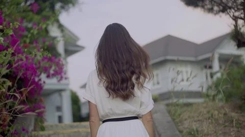 Back Rear View of Elegant Young Woman in Slow-Motion. Stock Footage 122391923