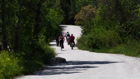 Back rear view of a group of biker ride bike around Lake Eymir Stock Footage 252693576