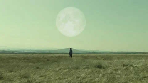 Back rear view of lonely man walking on field .  Approach of two nearby planets Stock Footage 218622096