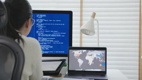 Back rear view of young asian woman, freelance data scientist work remotely 스톡 동영상 142896414