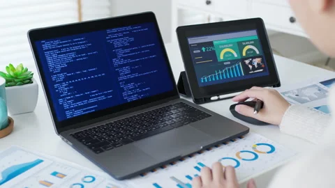 Back rear view of young asian woman, freelance data scientist work remotely Stock Footage 148727435