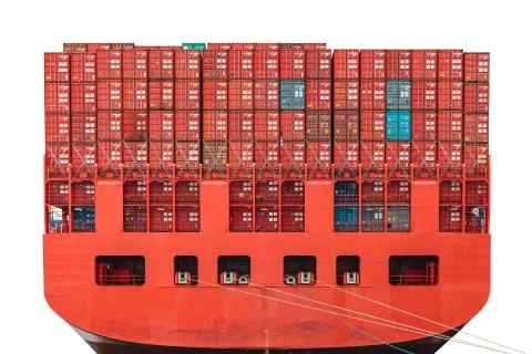 Back of a red container ship in a harbor isolated on white Stock Photos