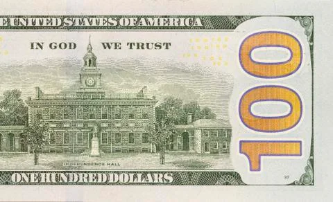 Back right half of the newly designed u.s. currency one hundred dollar bill. Foto stock
