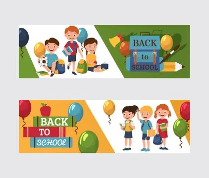 Back to school 1 september banners with boys and girls, baloons, backpack with 스톡 일러스트