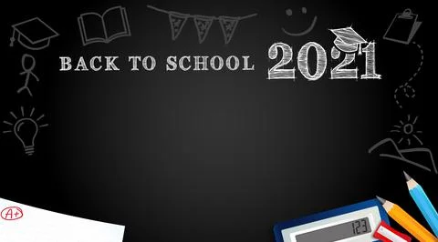 Back to school 2021 colored pencils and chalk drawn on blackboard Stock Illustration