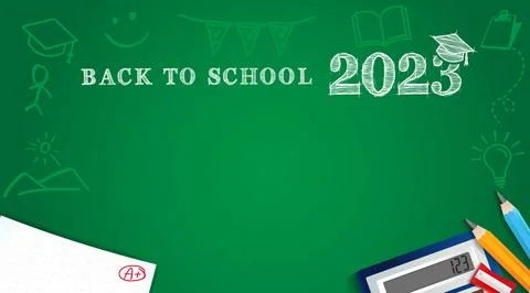 Back to school 2023 poster with with pencils, student test and calculator Stock Illustration