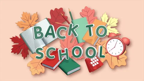 Back to School 3D animation with title, alarm clock, books and autumn leaves Stock Footage 247786619