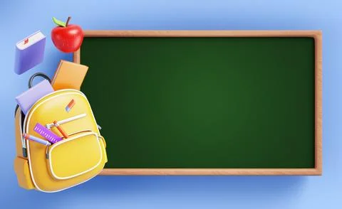 Back to school 3d banner with blank green blackboard, yellow backpack with books Illustrazione stock