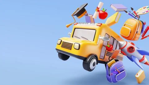 Back to school 3d banner with flying yellow bus, backpack, books, rocket Stock Illustration