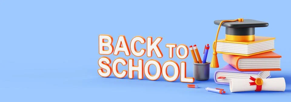 Back to school 3d banner. Student graduation cap on book stack and certificate 스톡 일러스트