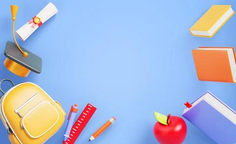 Back to school 3d border on blue background. Educational banner frame of Illustrazione stock