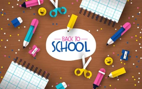 Back to school 3d papercut kid supplies wood desk イラスト素材