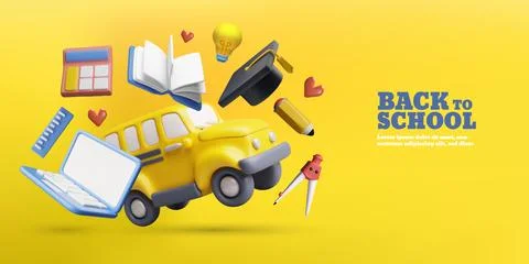 Back to school 3D plastic style vector banner design, cartoon mathematics Stock Illustration