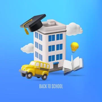 Back to school 3D plastic style vector poster, realistic building, book, school Ilustración de archivo