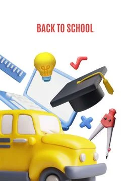 Back to school 3D plastic style vector poster, education school, college Stockillustratie