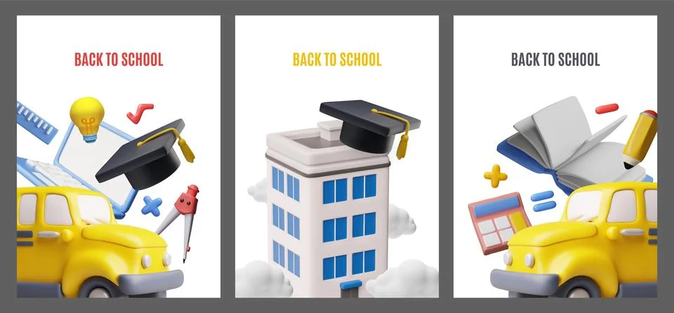 Back to school 3D plastic style vector posters set, education school, college Stock Illustration