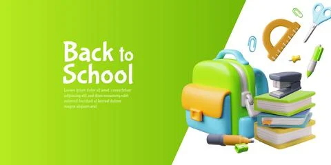 Back to school 3D plastic style vector banner design, cartoon education school Stock Illustration
