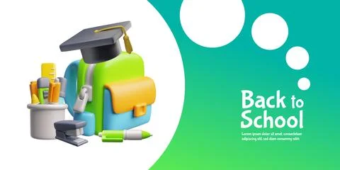 Back to school 3D plastic style vector banner design, cartoon education school Stock Illustration