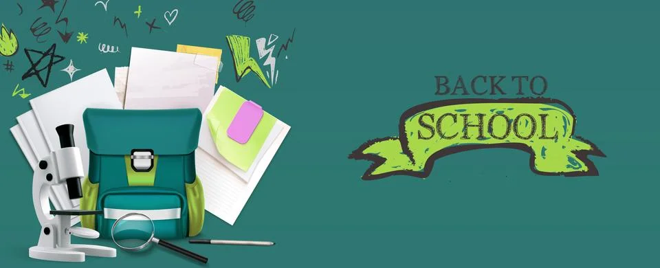 Back to school 3d scene with backpack Stock Illustration