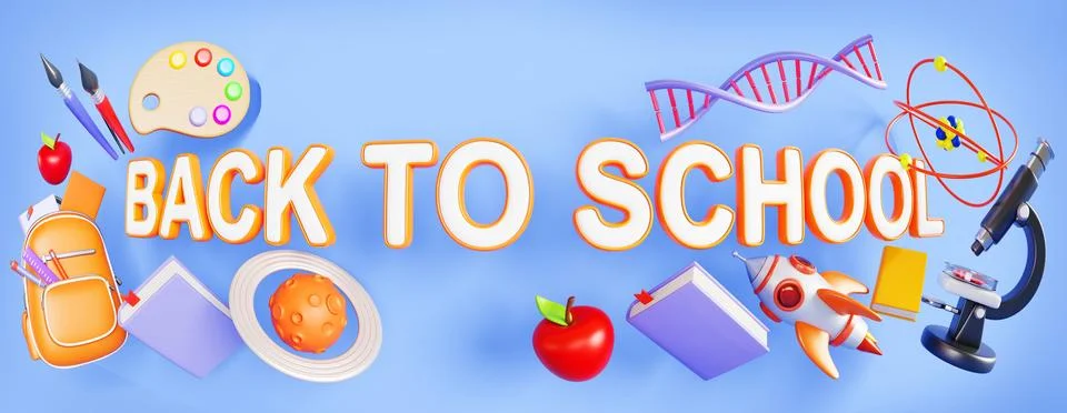 Back to school 3d scene with backpack, book, apple, stationery, rocket, planet Illustrazione stock