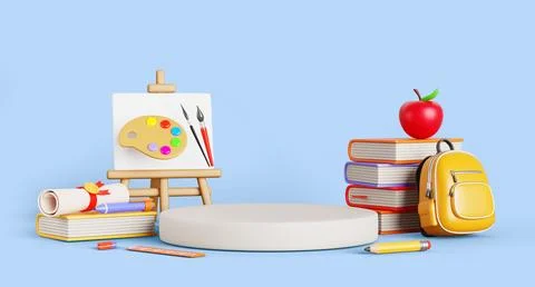 Back to school 3d scene with podium, backpack, book stack, apple, stationery Stock Illustration