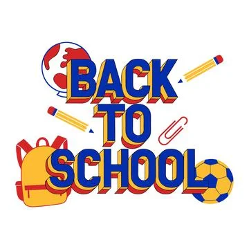 Back to school 3D text with globe, pencils, backpack, paperclip and soccer . Stock-Illustration