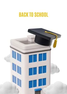 Back to school 3D vector poster, realistic graduate cap on building in clouds Ilustración de archivo