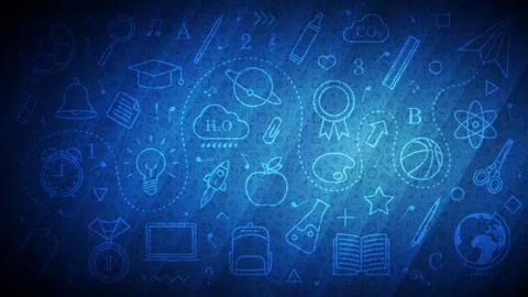 Back to School abstract blue background with different line icons Stock Illustration