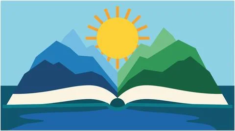 Back to School Abstract illustration of an open book forming a mountain lan.. Stock Illustration