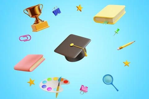 Back to school. Academic graduation cap and learning, education items. Illustrazione stock