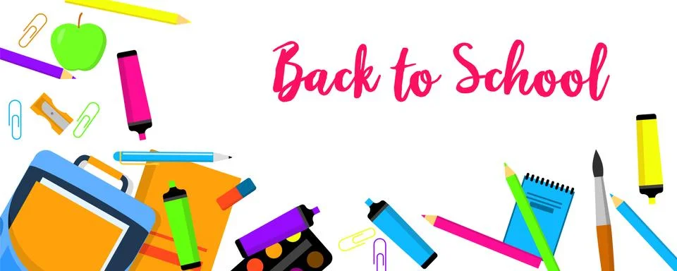 Back to school again banner horizontal, flat style Stock Illustration