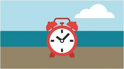 Back to School Alarm clock on beach by the sea with a cloud wake up reminde.. Stock Illustration