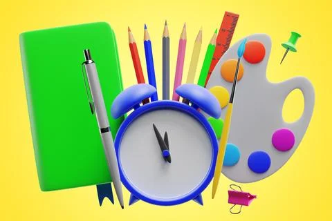 Back to school. Alarm clock with learning elements. Stock-Illustration